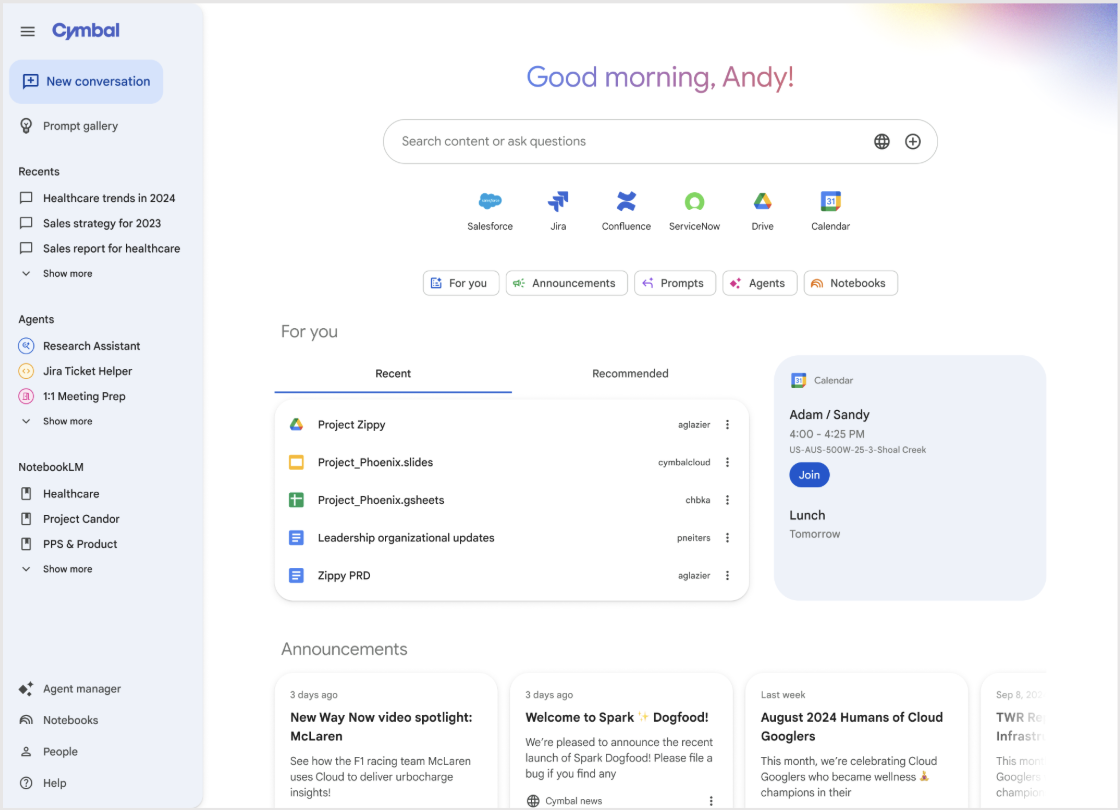 Pantalla de inicio de la app de Gemini Enterprise con buscador, conectores a Salesforce, Jira, Confluence, ServiceNow, Drive y Calendar, y accesos a agentes y notebooks